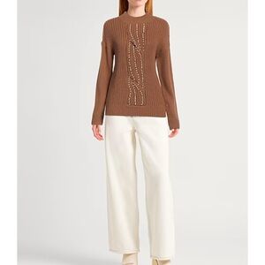New Guess Mock Neck Pearl Embellished Cable Knit Mocha Color Sweater S